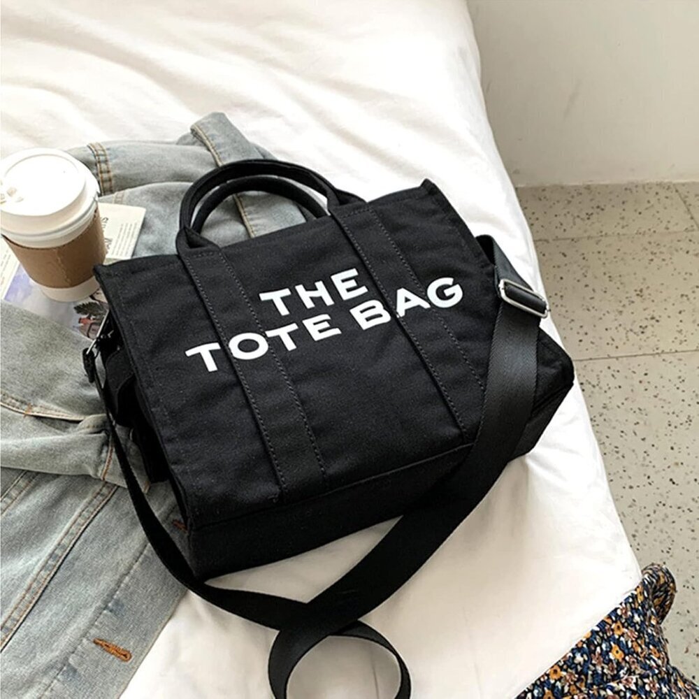 Women Black Personalized Canvas Crossbody Tote Bags with Zipper Mini Top-Handle - Picture 7 of 7